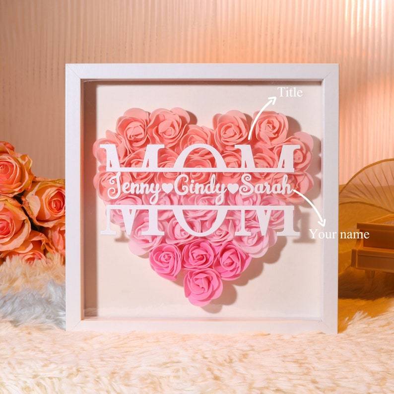 Personalized Flower Heart Shadow Box for Mom,Roses Shadowbox with Names,Custom Frame Gift for Mother's Day,Gift for Mom and Grandma Nana-Creatgifts