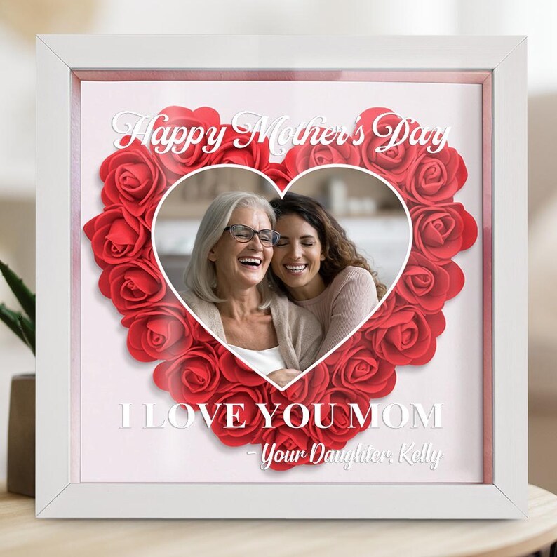 Personalized Flower Heart Shadow Box For Mom, Flower Shadow Box Mothers Day, Mothers Day Gifts For Grandma, Birthday Gift, Custom Photo Frame-Creatgifts