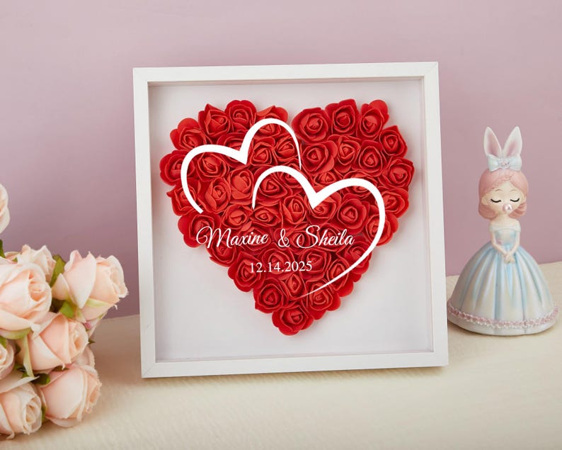 Personalized Flower Heart Shadow Box for Her,Rose Shadow Box with Name, Gradient Heart Shaped Flower Box, Anniversary, Birthday, Valentine's Day-Creatgifts