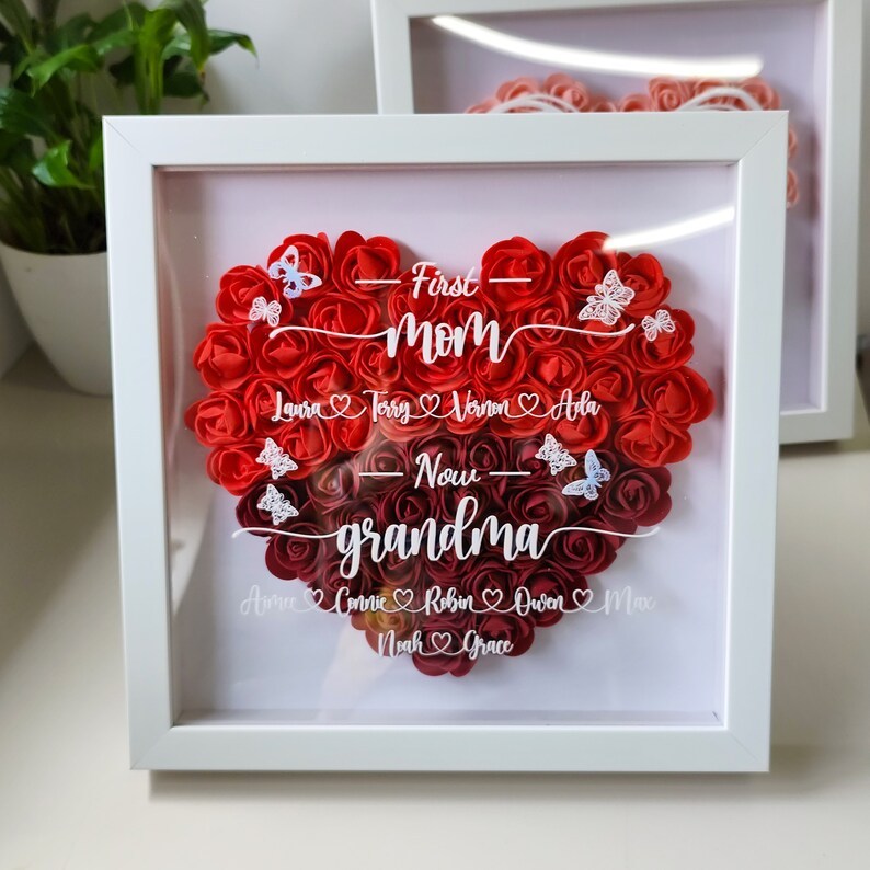 First Mom Now Grandma Flower Shadow Box, Personalized Name Sign, Mother's Day Gift, Heart Shadow Box, Mom's Gift, Grandma's Gift-Creatgifts