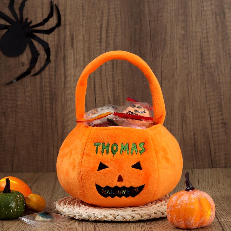 Personalized Halloween Basket - Custom Pumpkin Bucket with Name, Embroidered Trick or Treat Bag