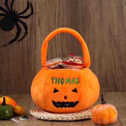 Personalized Halloween Basket - Custom Pumpkin Bucket with Name, Embroidered Trick or Treat Bag