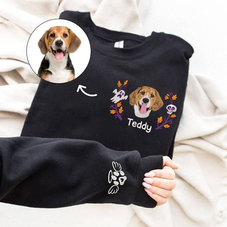 Custom Halloween Embroidered Dog Portrait Photo Sweatshirt