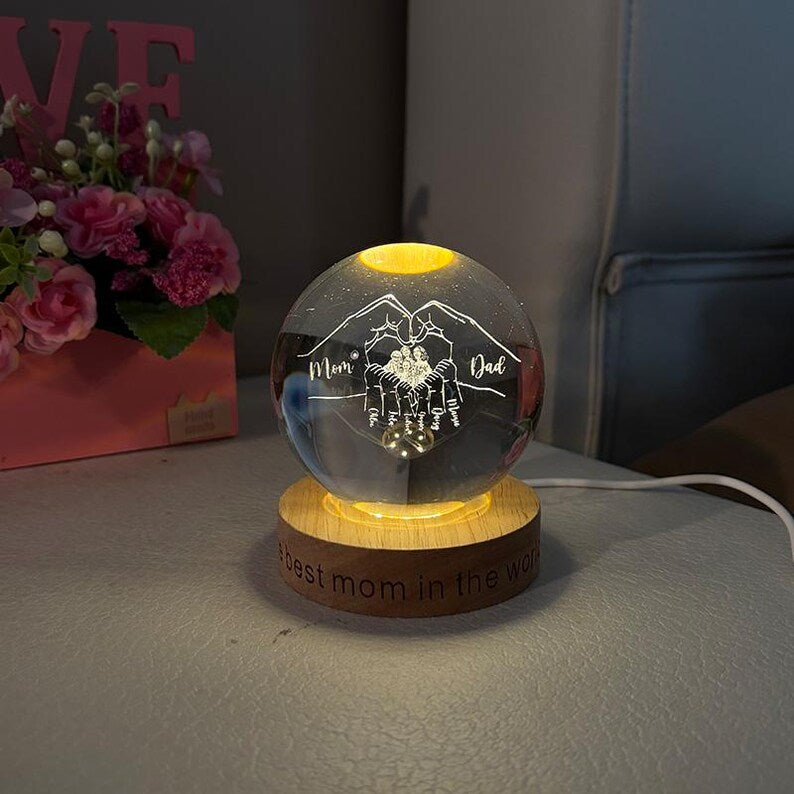 Custom Mothers Day Crystal Glass Ball Night Light with Engraved Names & Photo