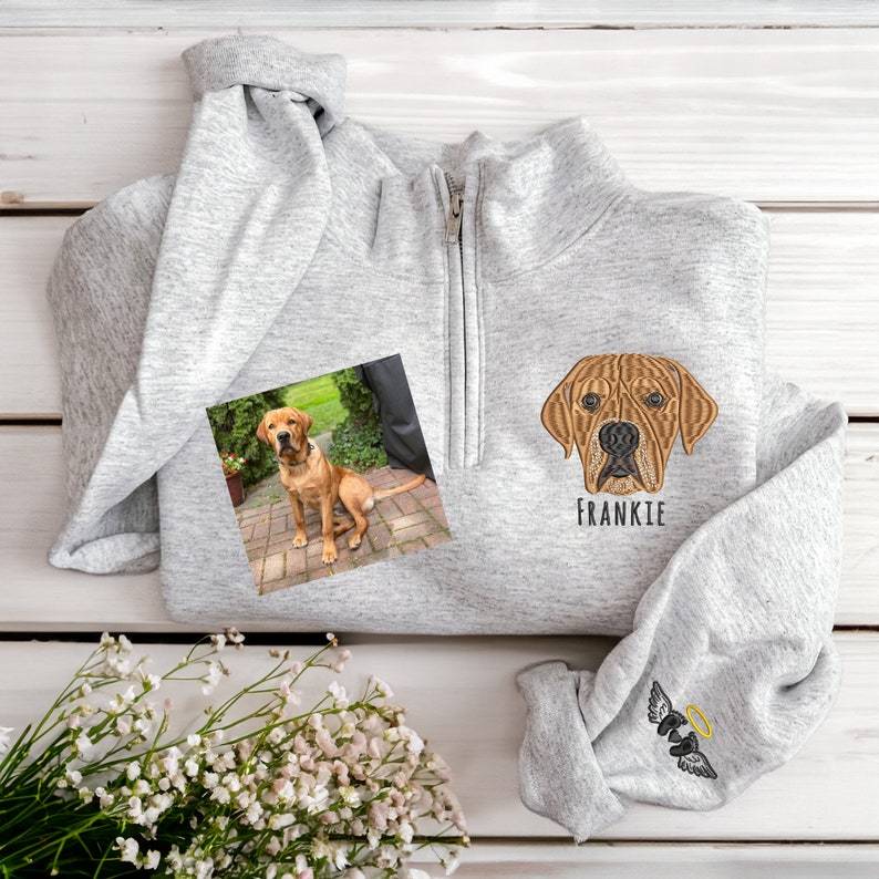 Custom Full Color/Outline EMBROIDERED Pet Quarter Zip Sweatshirt, Dog 