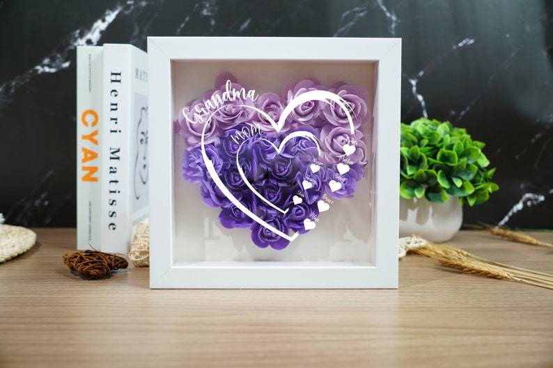 Personalized Flower Shadow Box Custom Name & Text Heart Rose Frame Decorations Mother's Day Gift for Her Gift for Nana Nanny Mimi-Creatgifts