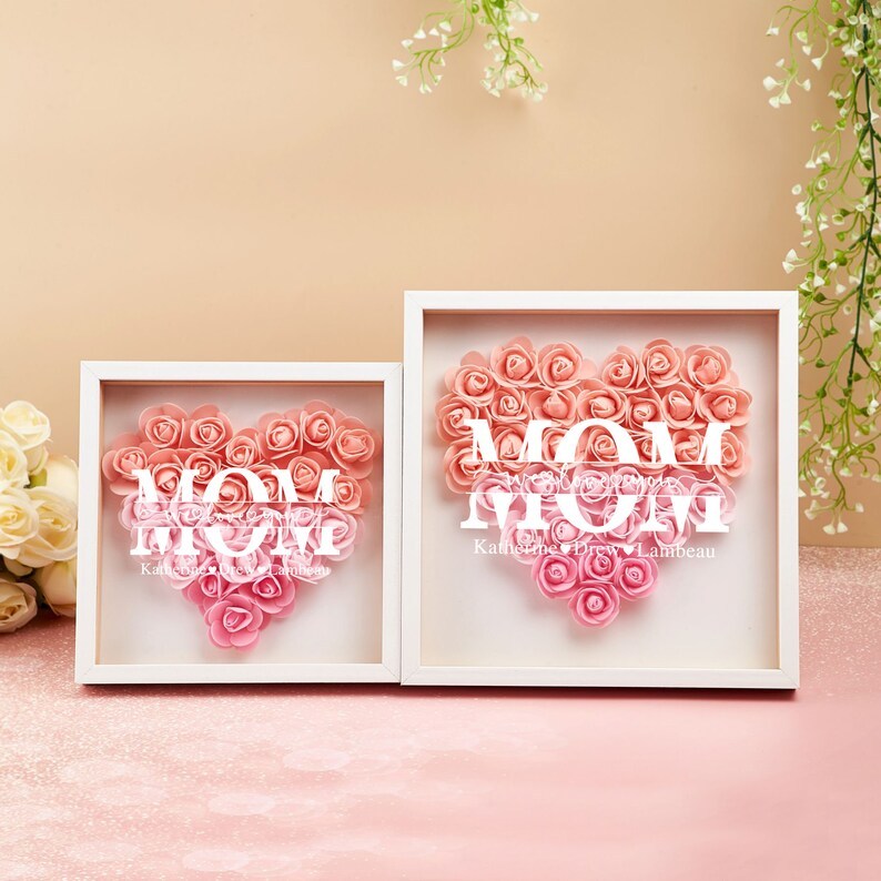 Personalized Flower Heart Shadow Box for Mom,Custom Frame Gift for Mother's Day,Gift for Mom and Grandma Nana,Roses Shadowbox with Names-Creatgifts