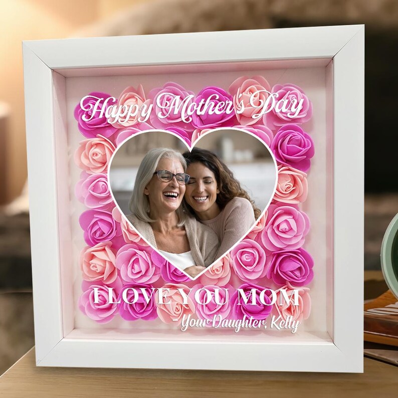 Personalized Flower Heart Shadow Box For Mom, Flower Shadow Box Mothers Day, Mothers Day Gifts For Grandma, Birthday Gift, Custom Photo Frame-Creatgifts