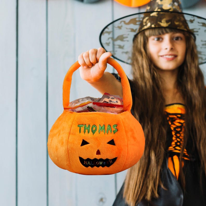 Personalized Halloween Basket - Custom Pumpkin Bucket with Name, Embroidered Trick or Treat Bag