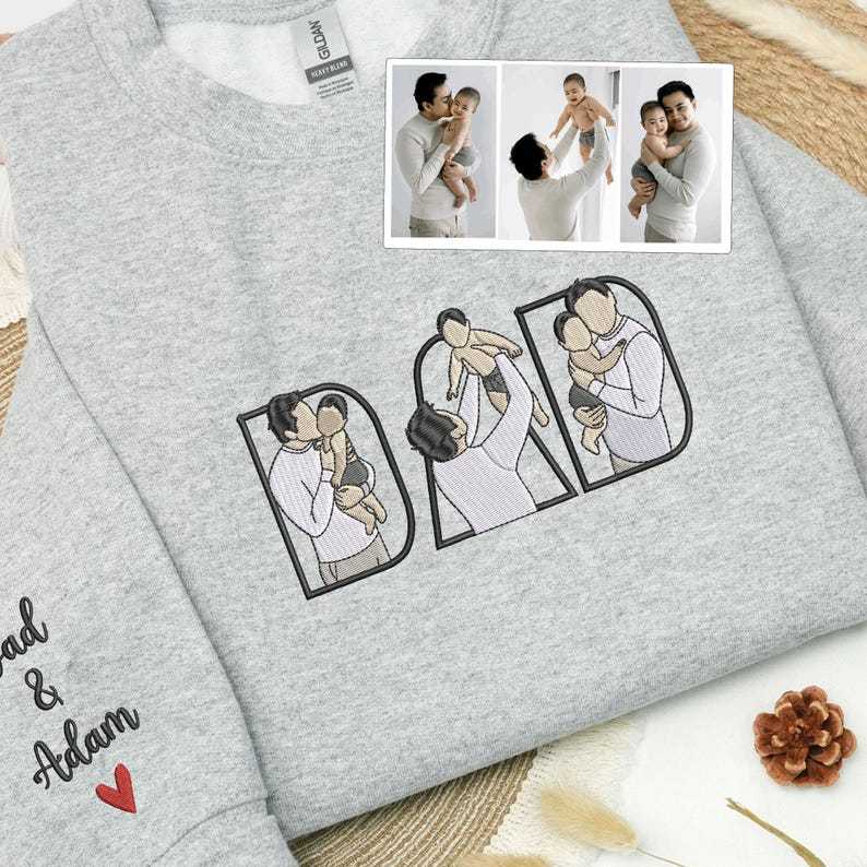 Custom Photo Portrait Embroidery Sweatshirt/Hoodie, Gift For Dad/Mom/Family