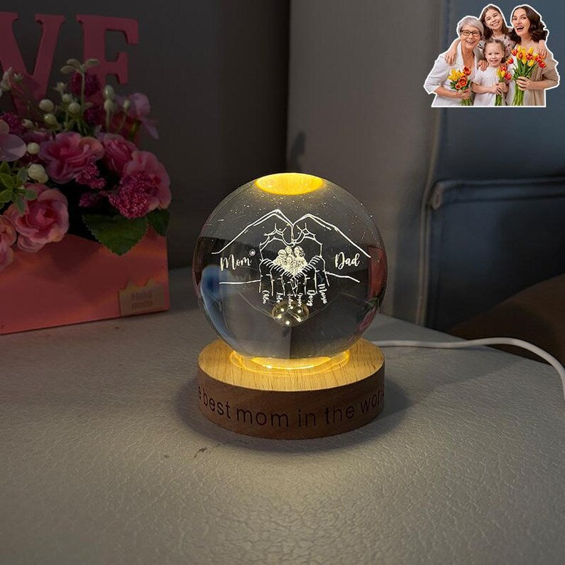 Custom Mothers Day Crystal Glass Ball Night Light with Engraved Names & Photo