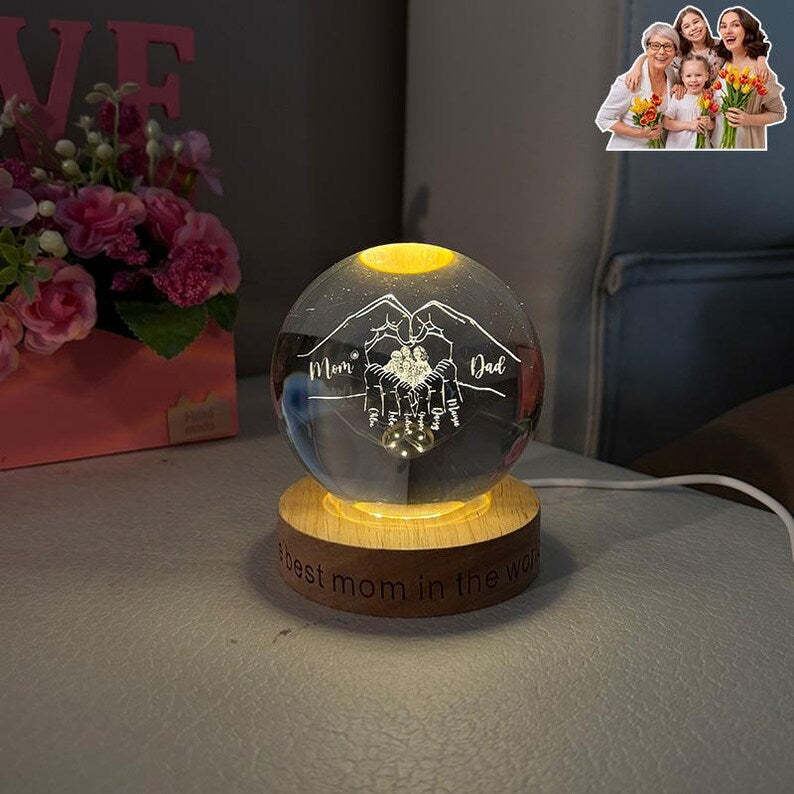 Custom Mothers Day Crystal Glass Ball Night Light with Engraved Names & Photo