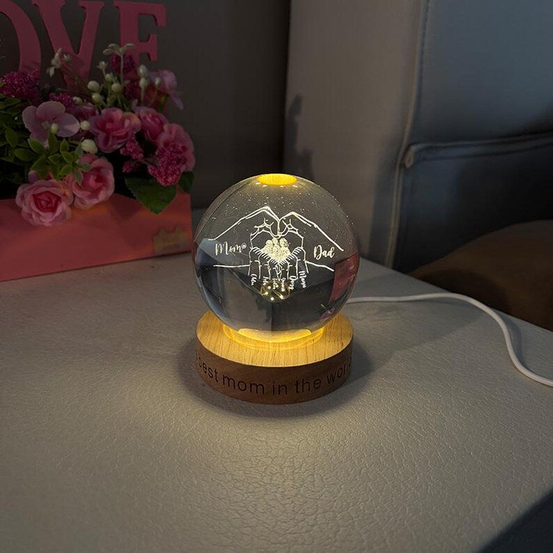 Custom Mothers Day Crystal Glass Ball Night Light with Engraved Names & Photo