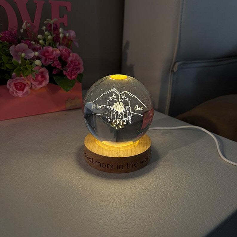 Custom Mothers Day Crystal Glass Ball Night Light with Engraved Names & Photo