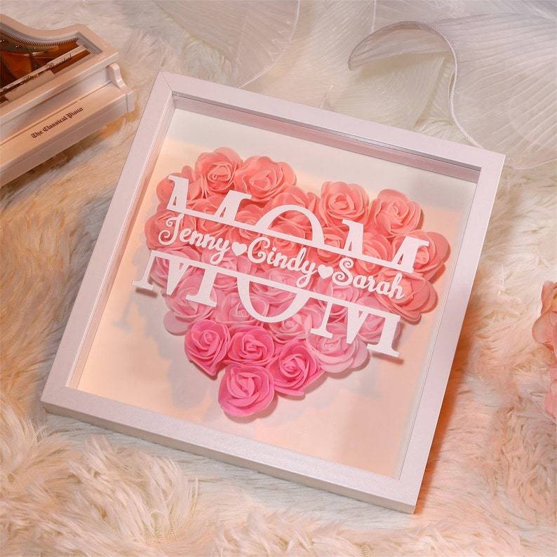 Personalized Flower Shadow Box Custom Name & Text Heart Rose Frame Decorations Mother's Day Gift for Her-Creatgifts