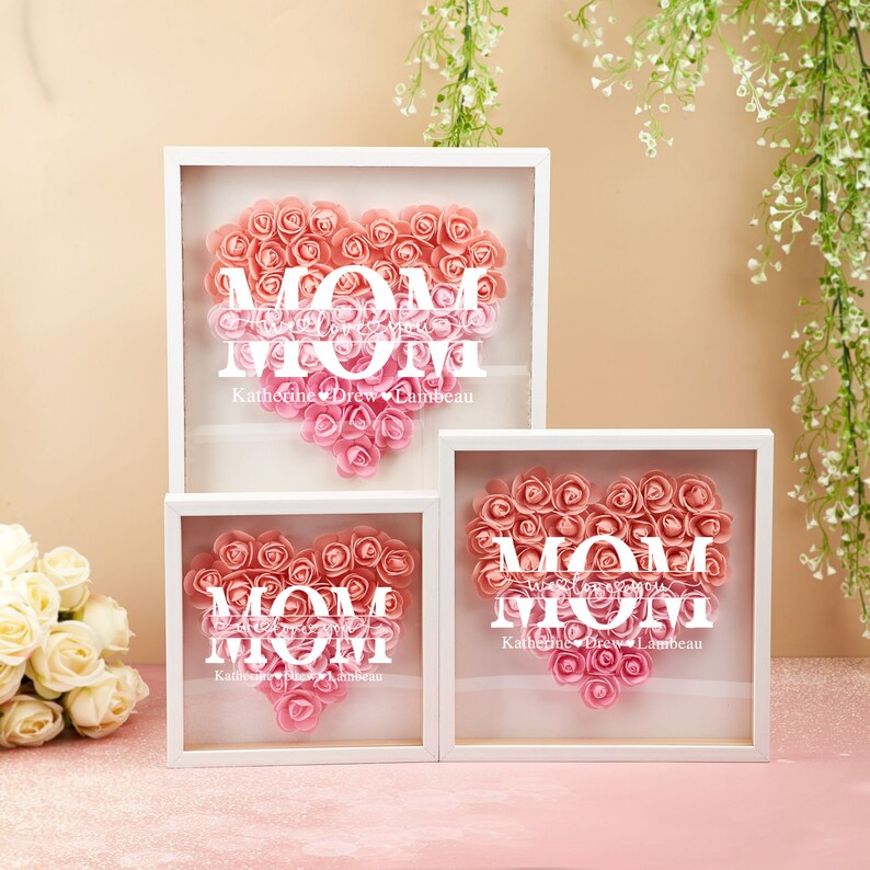 Personalized Flower Heart Shadow Box for Mom,Custom Frame Gift for Mother's Day,Gift for Mom and Grandma Nana,Roses Shadowbox with Names-Creatgifts