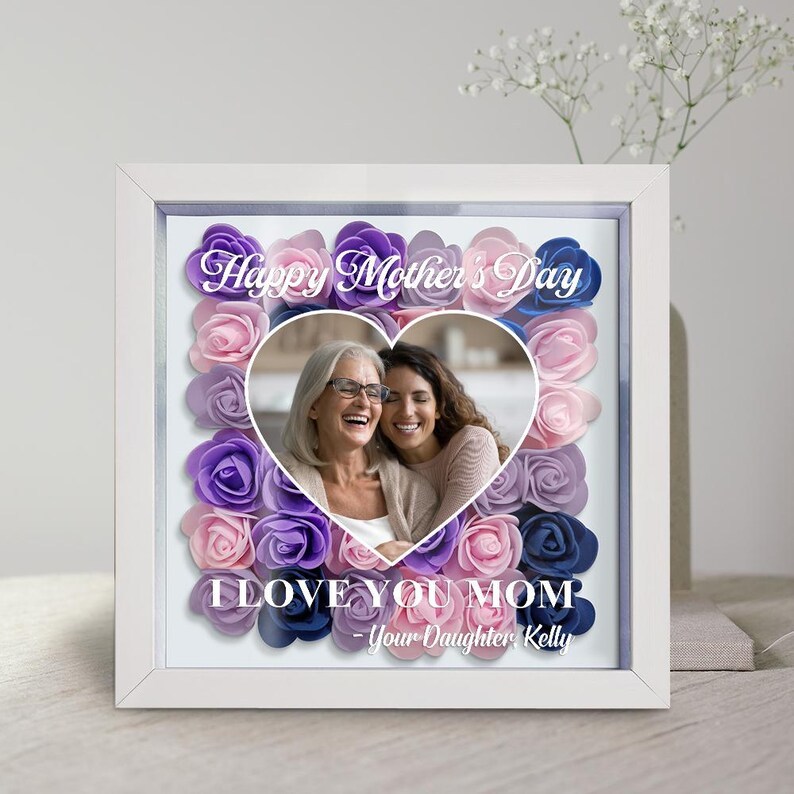 Personalized Flower Heart Shadow Box For Mom, Flower Shadow Box Mothers Day, Mothers Day Gifts For Grandma, Birthday Gift, Custom Photo Frame-Creatgifts