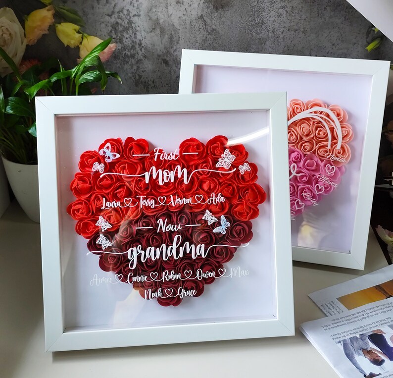 First Mom Now Grandma Flower Shadow Box, Personalized Name Sign, Mother's Day Gift, Heart Shadow Box, Mom's Gift, Grandma's Gift-Creatgifts