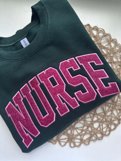 Glitter Nurse Sweatshirt - Custom Embroidered Nursing Crewneck with Glitter Detail
