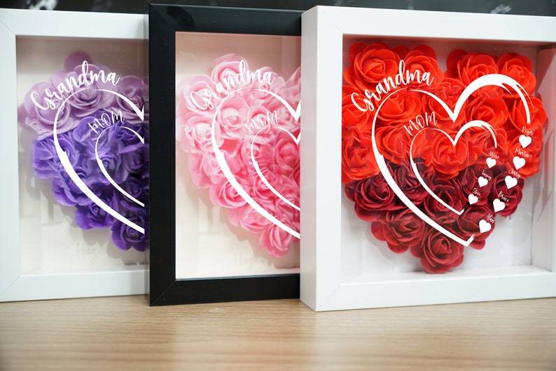 Personalized Flower Shadow Box Custom Name & Text Heart Rose Frame Decorations Mother's Day Gift for Her Gift for Nana Nanny Mimi-Creatgifts