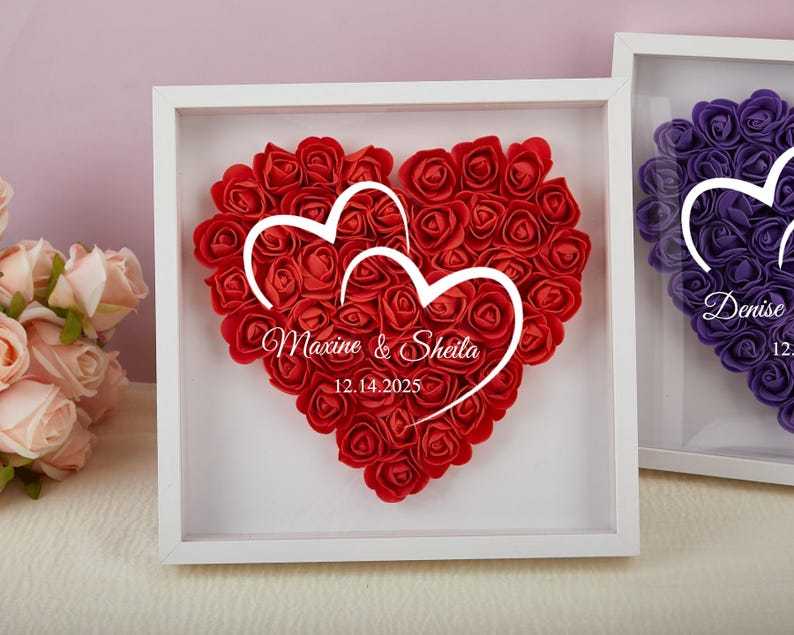 Personalized Flower Heart Shadow Box for Her,Rose Shadow Box with Name, Gradient Heart Shaped Flower Box, Anniversary, Birthday, Valentine's Day-Creatgifts