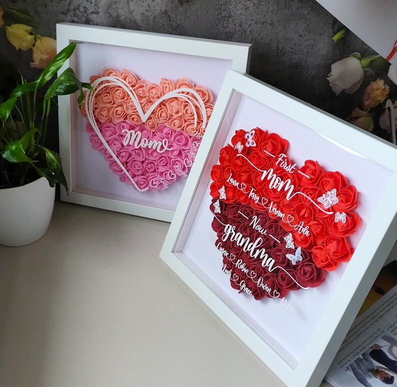 First Mom Now Grandma Flower Shadow Box, Personalized Name Sign, Mother's Day Gift, Heart Shadow Box, Mom's Gift, Grandma's Gift-Creatgifts