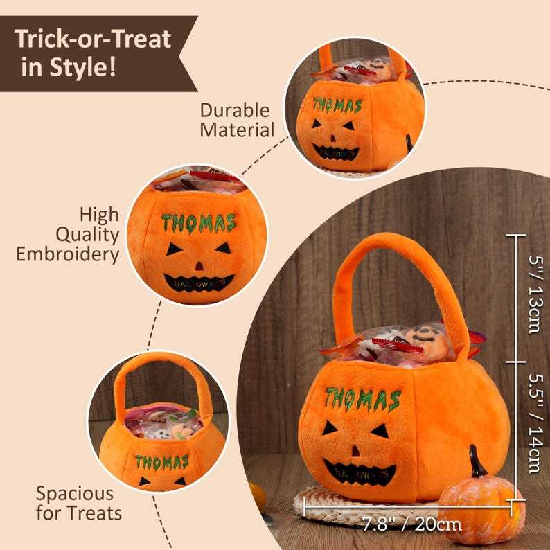 Personalized Halloween Basket - Custom Pumpkin Bucket with Name, Embroidered Trick or Treat Bag