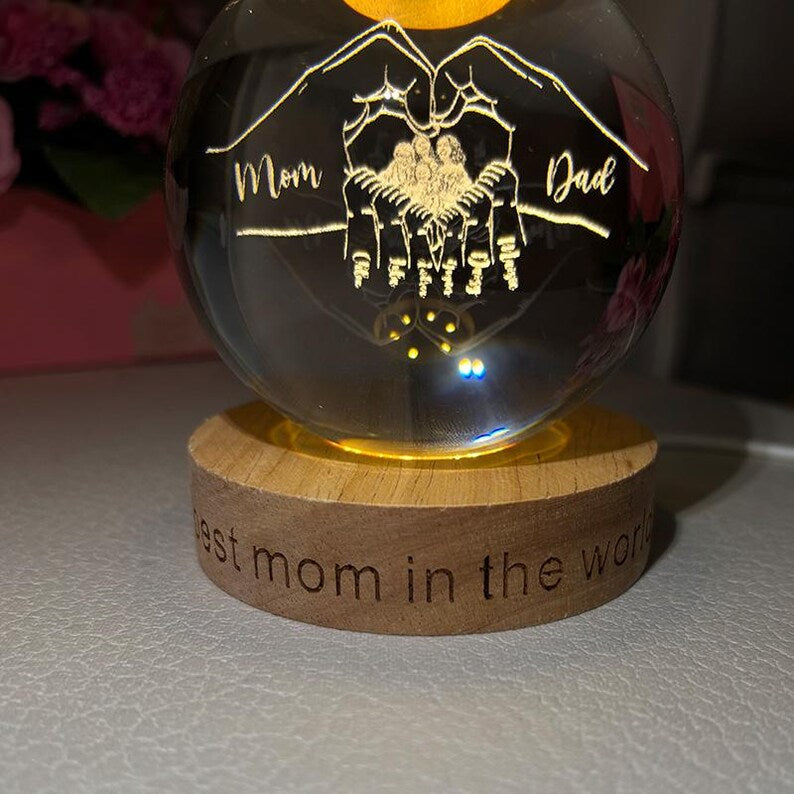 Custom Mothers Day Crystal Glass Ball Night Light with Engraved Names & Photo