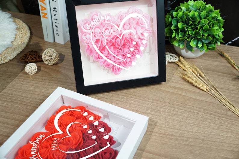 Personalized Flower Shadow Box Custom Name & Text Heart Rose Frame Decorations Mother's Day Gift for Her Gift for Nana Nanny Mimi-Creatgifts