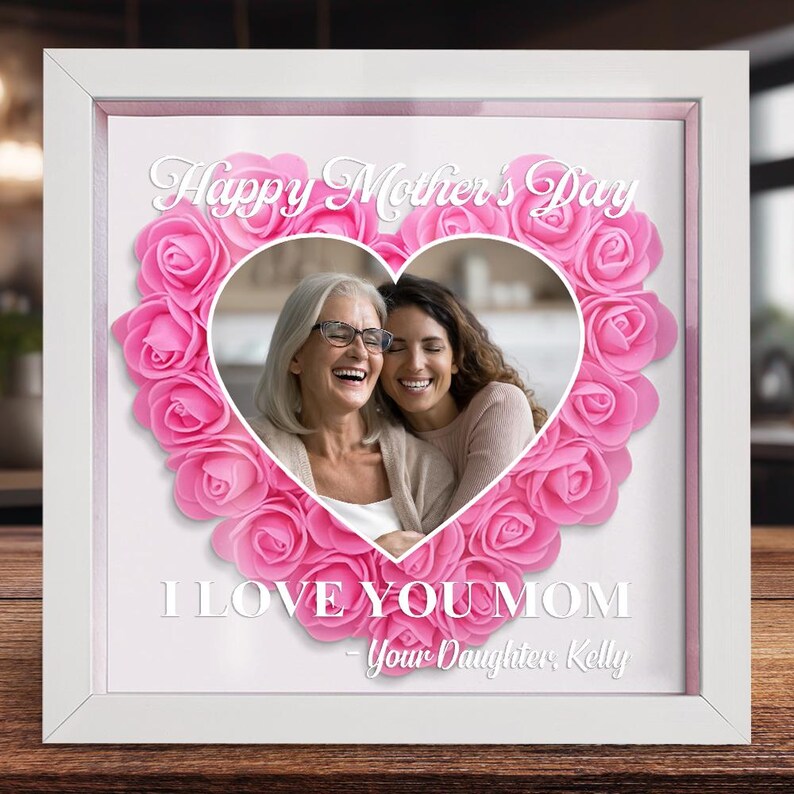 Personalized Flower Heart Shadow Box For Mom, Flower Shadow Box Mothers Day, Mothers Day Gifts For Grandma, Birthday Gift, Custom Photo Frame-Creatgifts