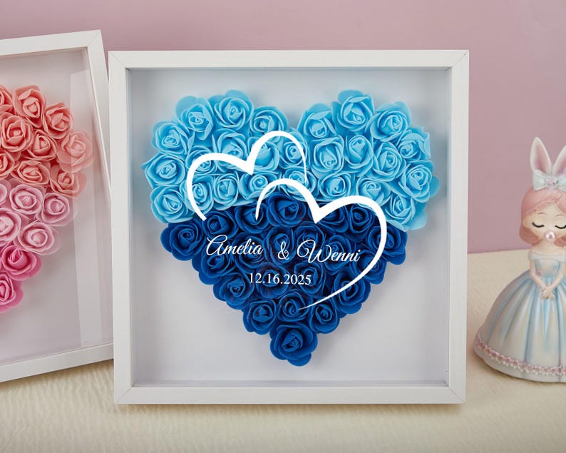 Personalized Flower Heart Shadow Box for Her,Rose Shadow Box with Name, Gradient Heart Shaped Flower Box, Anniversary, Birthday, Valentine's Day-Creatgifts