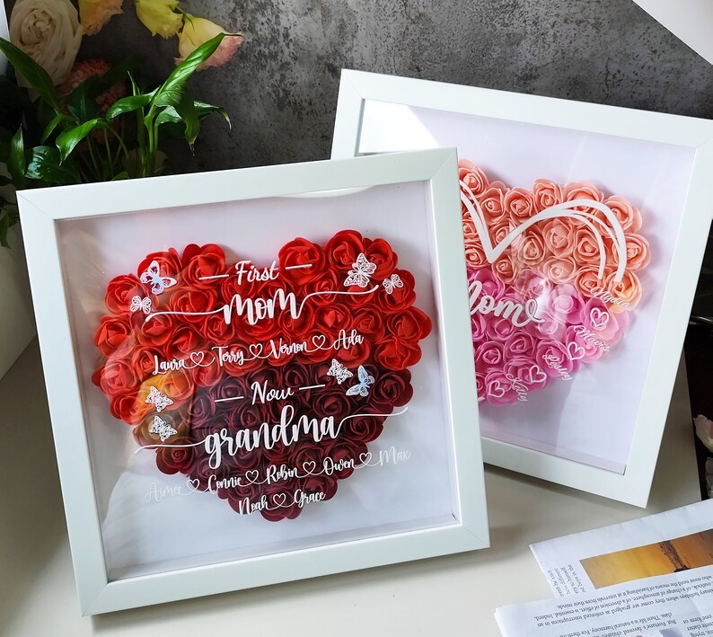 First Mom Now Grandma Flower Shadow Box, Personalized Name Sign, Mother's Day Gift, Heart Shadow Box, Mom's Gift, Grandma's Gift-Creatgifts