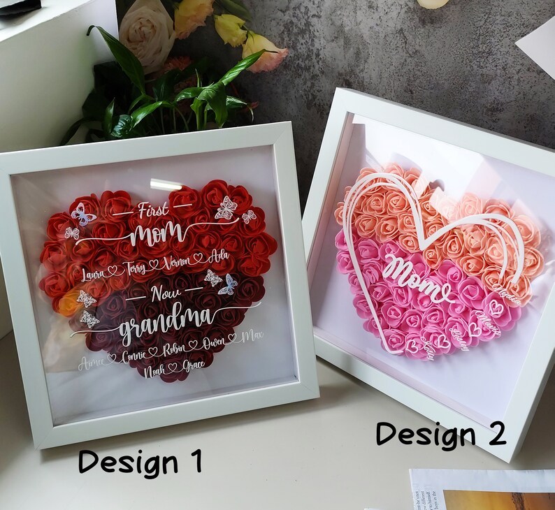 First Mom Now Grandma Flower Shadow Box, Personalized Name Sign, Mother's Day Gift, Heart Shadow Box, Mom's Gift, Grandma's Gift-Creatgifts