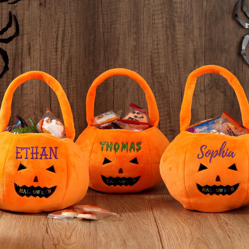 Personalized Halloween Basket - Custom Pumpkin Bucket with Name, Embroidered Trick or Treat Bag