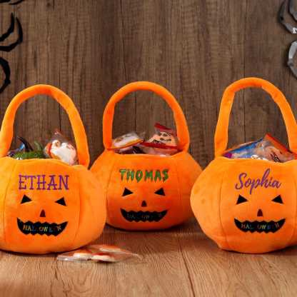 Personalized Halloween Basket - Custom Pumpkin Bucket with Name, Embroidered Trick or Treat Bag