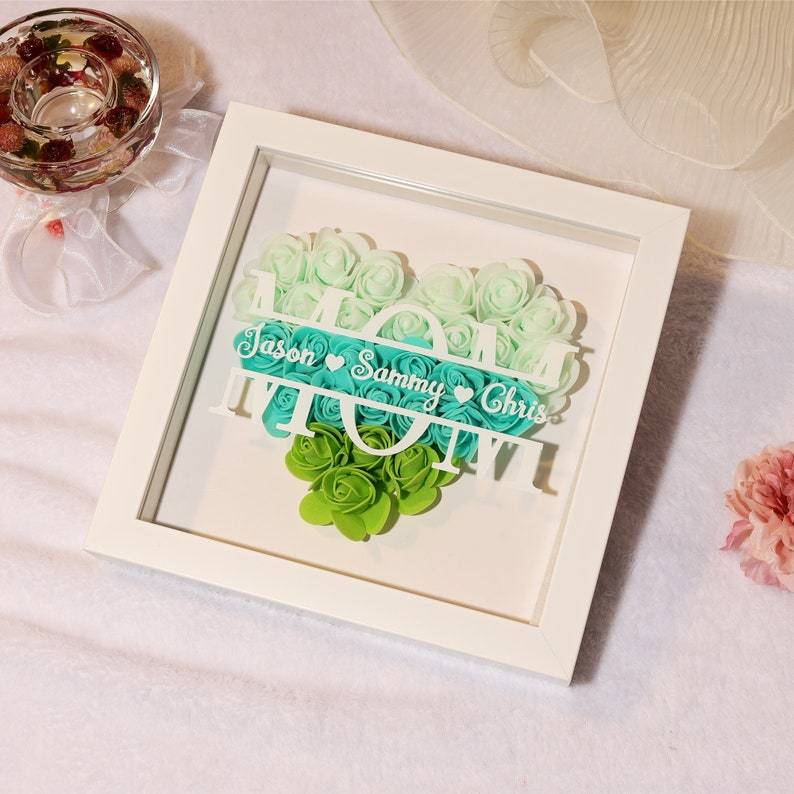Personalized Flower Heart Shadow Box for Mom,Roses Shadowbox with Names,Custom Frame Gift for Mother's Day,Gift for Mom and Grandma Nana-Creatgifts