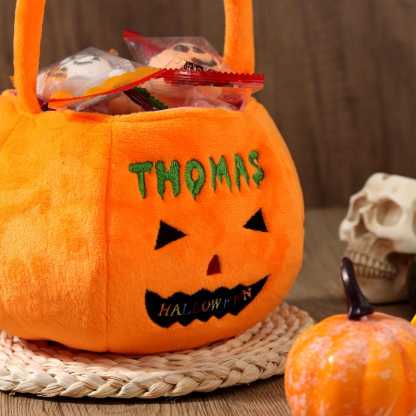 Personalized Halloween Basket - Custom Pumpkin Bucket with Name, Embroidered Trick or Treat Bag