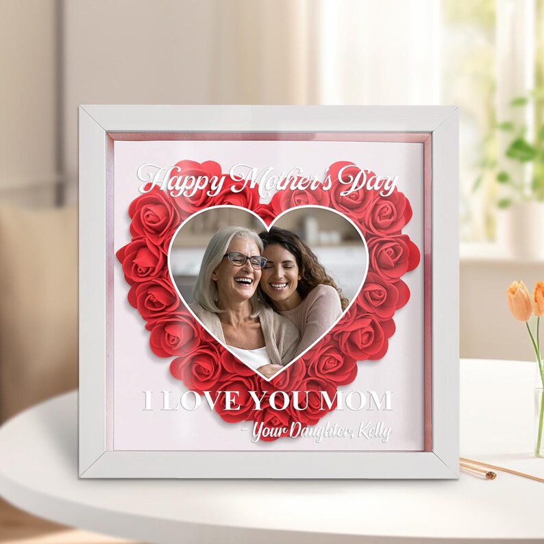Personalized Flower Heart Shadow Box For Mom, Flower Shadow Box Mothers Day, Mothers Day Gifts For Grandma, Birthday Gift, Custom Photo Frame-Creatgifts