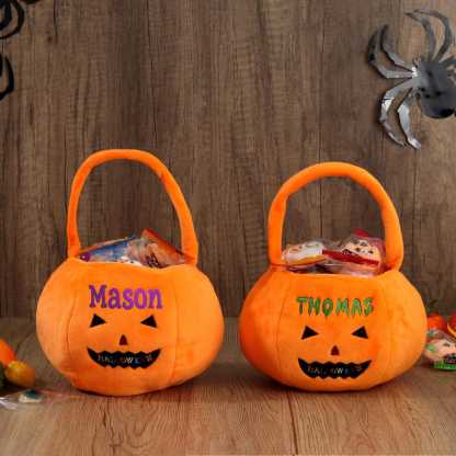 Personalized Halloween Basket - Custom Pumpkin Bucket with Name, Embroidered Trick or Treat Bag