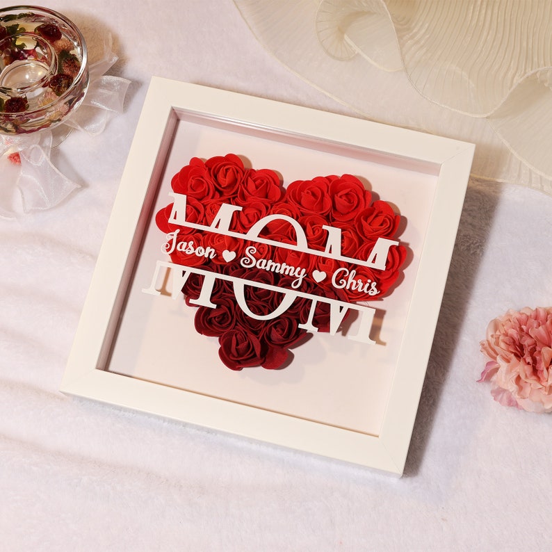 Personalized Flower Heart Shadow Box for Mom,Roses Shadowbox with Names,Custom Frame Gift for Mother's Day,Gift for Mom and Grandma Nana-Creatgifts