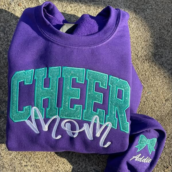 Embroidered Glitter Cheer Mom Sweatshirt With Kids Names On The Sleeve