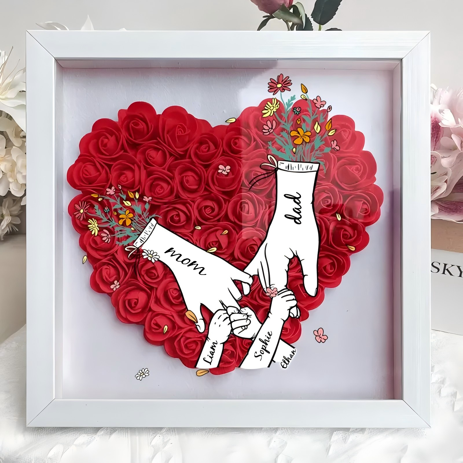 Personalized Flower Shadow Box, Family hand holding