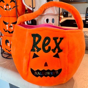 Personalized Halloween Basket - Custom Pumpkin Bucket with Name, Embroidered Trick or Treat Bag