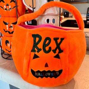 Personalized Halloween Basket - Custom Pumpkin Bucket with Name, Embroidered Trick or Treat Bag