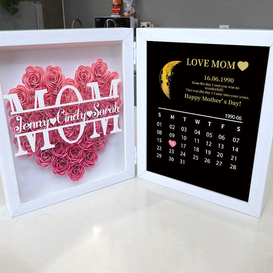 (Mom&Grandmom With Name) With REAL MOON PHASE Anniversary Calendar Custom flower frame-Creatgifts