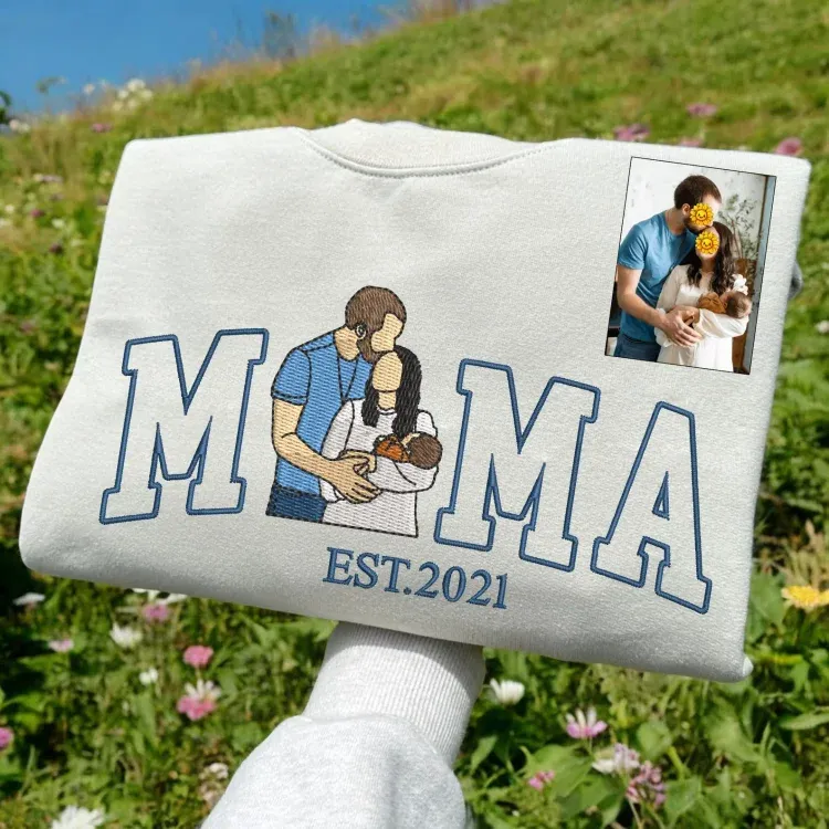 Mama, Mom T-shirt with Photo, Custom Embroidered Sweatshirt Mama and Kids Portrait.
