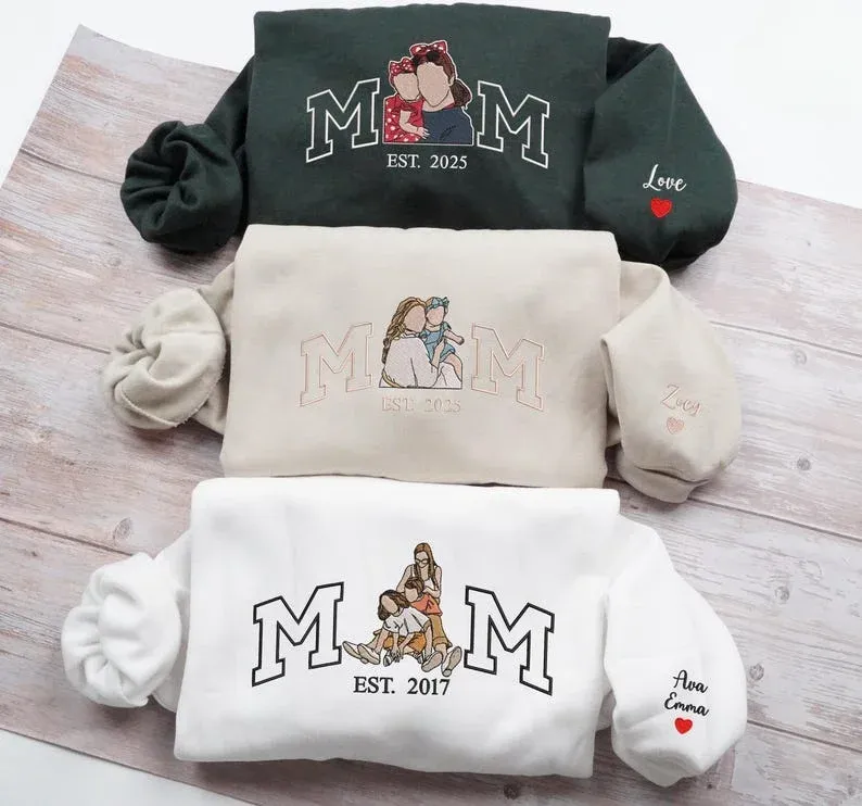 Embroidered Mum Sweatshirt with Photo, Mother's Day Gifts, Custom Embroidered Hoodie Mum and Kids Portrait Popular Now-Creatgifts