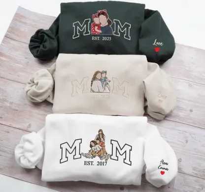 Embroidered Mum Sweatshirt with Photo, Mother's Day Gifts, Custom Embroidered Hoodie Mum and Kids Portrait Popular Now-Creatgifts