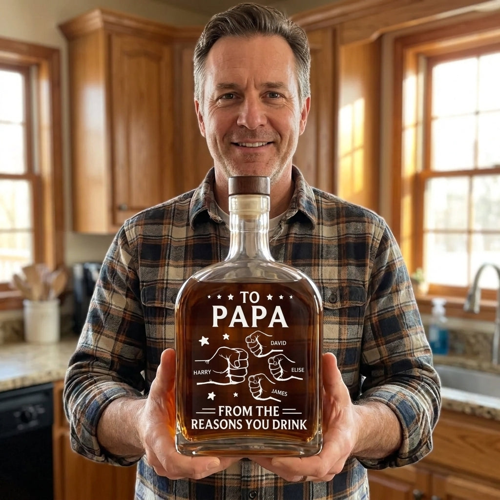 Custom Personalized Liquor Decanter – Father’s Day & Birthday Gift for Dad or Grandpa – “Drink Because We Exist” Engraved Glass Decanter