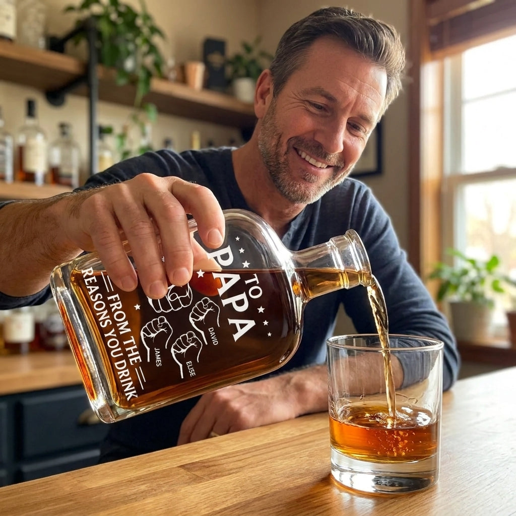 Custom Personalized Liquor Decanter – Father’s Day & Birthday Gift for Dad or Grandpa – “Drink Because We Exist” Engraved Glass Decanter